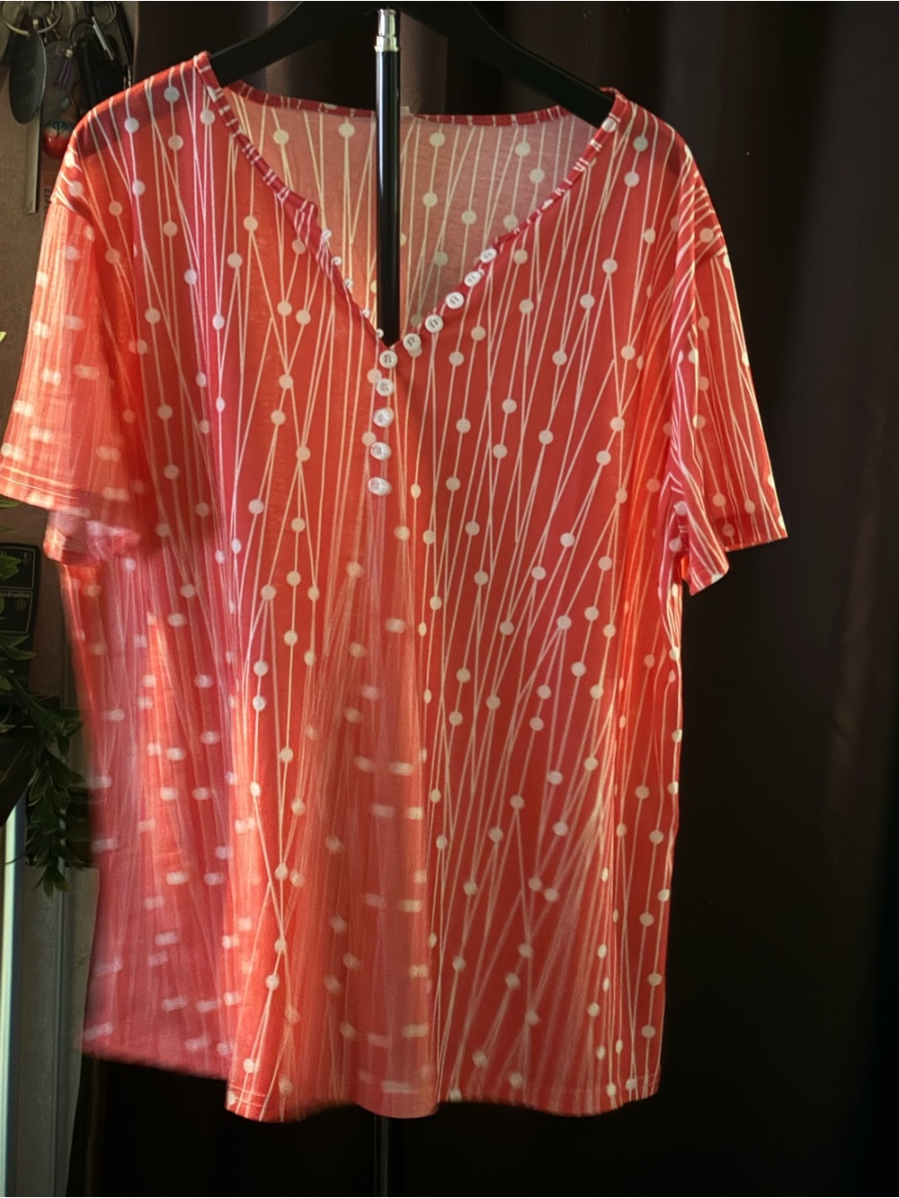Coral Dot-Strip Henley Tee